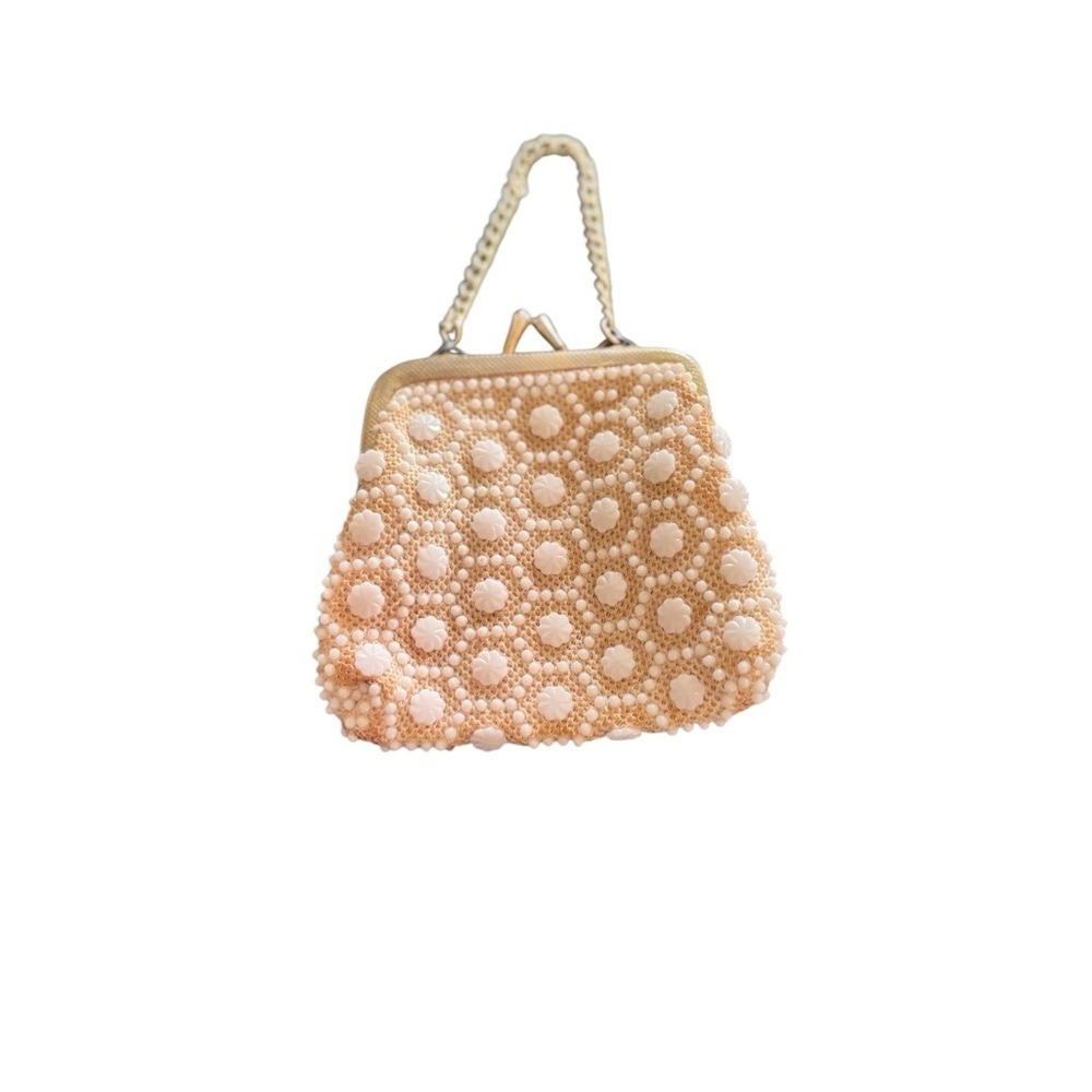 VTG Beaded Coin Purse Gold Chain Lined 1980 Snap White & Gold 3.5X4” Retro